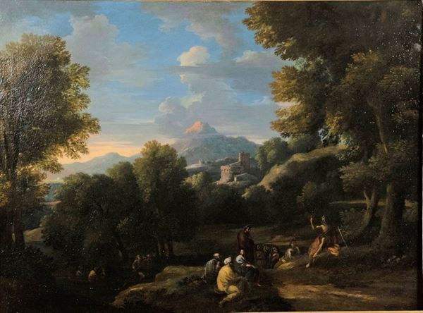 Pittore Bolognese XVII Secolo - &quot;Landscape with the sermon of the Baptist&quot;