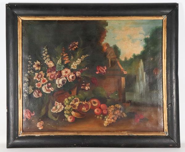 Scuola Italiana Metà XIX Secolo. - "Still Life of Flowers and Fruit"