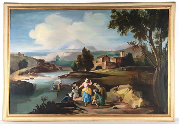 Pittore Italiano Inizio XX Secolo - "Landscape with People, Village, and River"
