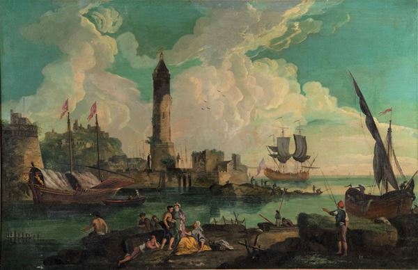 Claude Joseph Vernet - &quot;View of Mediterranean port with boats, characters and lighthouse&quot;. Pupil of.