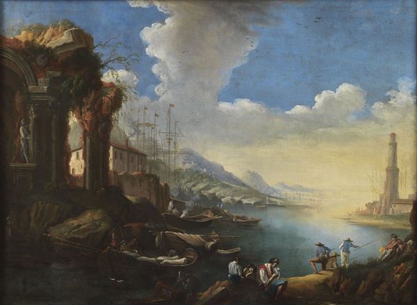 Pittore Veneto XVII Secolo - &quot;Veduta di porto con ruderi, barche, personaggi e faro&quot;