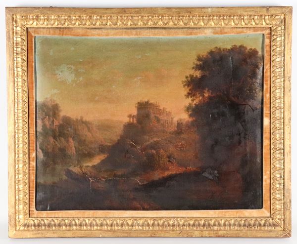 Pittore Italiano XIX Secolo - "Mountainous landscape with ruins and a stream"