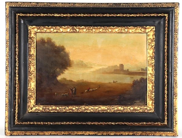 Pittore Italiano XIX Secolo - "Paesaggio con pastori, fiume e castello" 