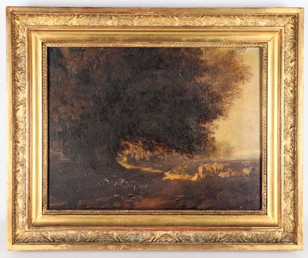 Pittore Italiano XIX Secolo - "Landscape with grazing flock"
