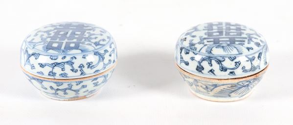 A pair of Qing Dynasty porcelain boxes, decorated with blue plant motifs.