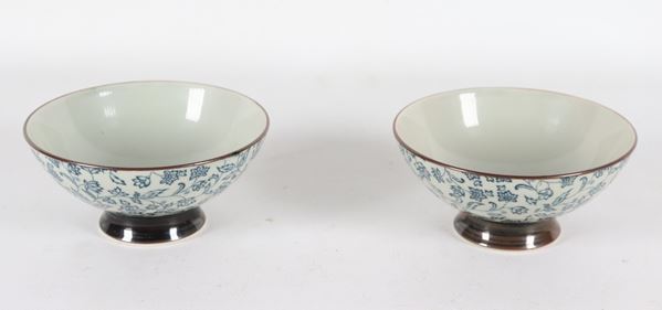 Pair of Japanese white porcelain bowls, with blue floral and plant motif decorations.