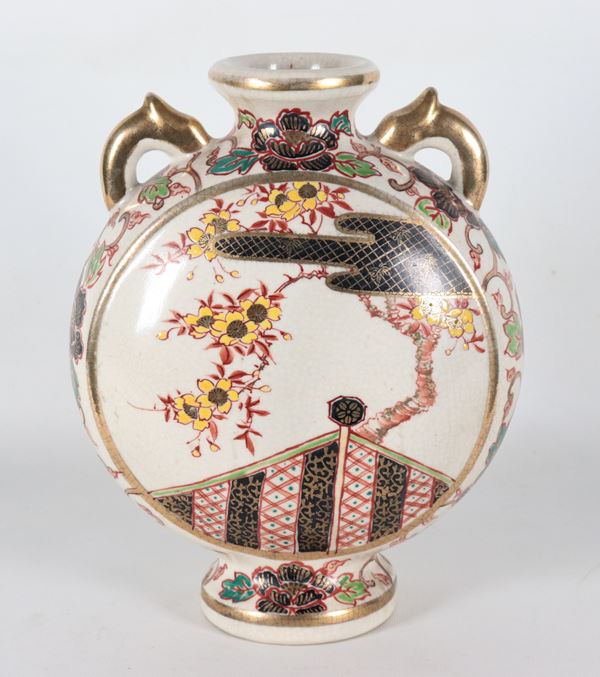 Japanese Satsuma porcelain flask vase, with polychrome decorations featuring oriental naturalistic motifs