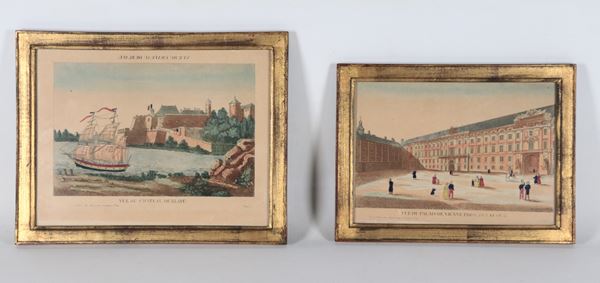 "Chateau de Blaye" e "Palais de Vienne", lotto di due antiche piccole incisioni francesi a colori su carta