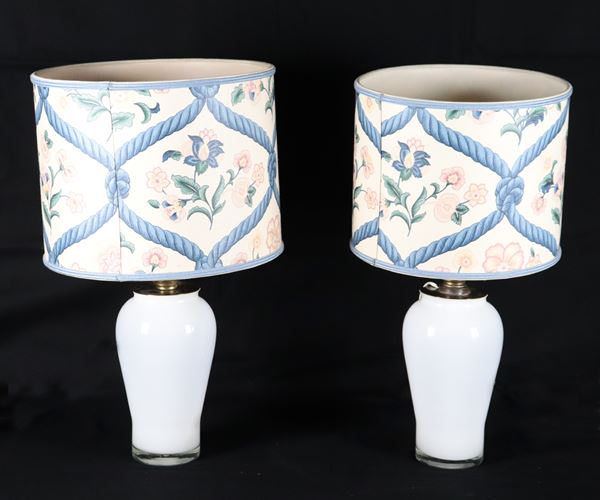 Pair of French white opaline vases transformed into lamps