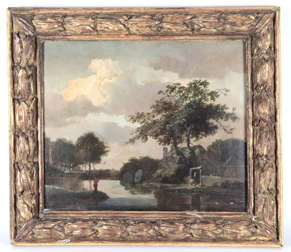 Scuola Italiana Inizio XIX Secolo - "Woodland landscape with ruins and stream"