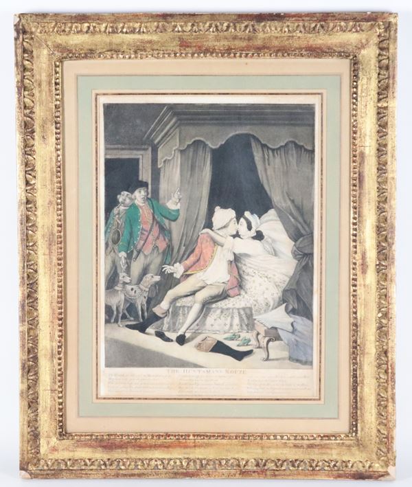 "The huntsmans rouze", antica stampa inglese a colori su carta