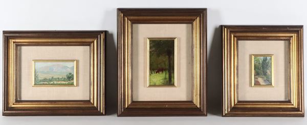 Pittore Macchiaiolo Metà XIX Secolo - "Paesaggio con montagne", "Scorcio di villa" e "Mucca al pascolo"