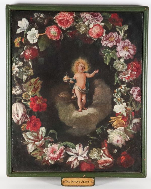 Scuola Romana Fine XVII Secolo - "Gesù Bambino contornato da corona di fiori"