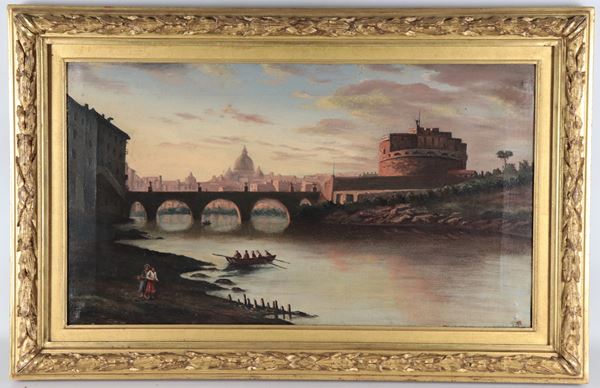 Scuola Italiana Inizio XIX Secolo - "Veduta di Castel Sant'Angelo con il Tevere e San Pietro"