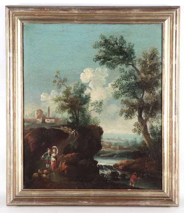 Scuola Italiana Fine XIX Secolo - "Landscape with shepherds, flock and stream"
