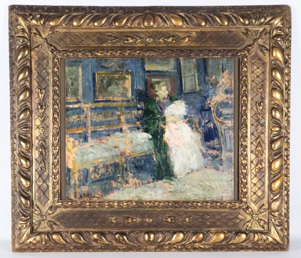 Luca Postiglione - Firmato. "Interno di salotto con nonna e nipotina"