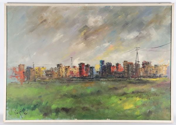 Pittore Italiano XX Secolo - Firmato e datato 1960. "Paesaggio di periferia"