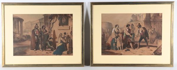 Théodore Valerio - Signed. "Morra Game" and "Bagpipers at the Newsstand"