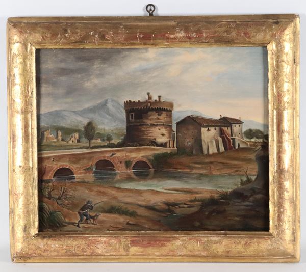 Pittore Romano XIX Secolo - "View of the Lucano Bridge over the Aniene"