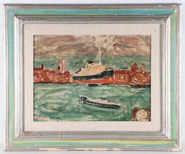 Carlo Quaglia - Firmato. "Veduta di porto con barche e peschereccio"