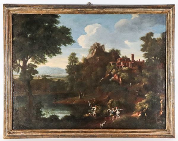 Domenico Tempesti detto Il Tempestino - Att.to. "Paesaggio con viandanti, pescatori, borgo e corso d'acqua"