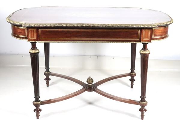 Antique French Napoleon III rectangular shaped center table in mahogany, pink ebony and purple ebony