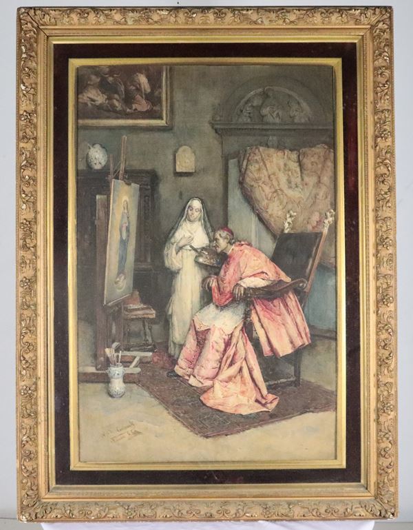 Publio de Tommasi - Firmato e iscritto Roma 1885. "Cardinale nell'atelier della suora pittrice"