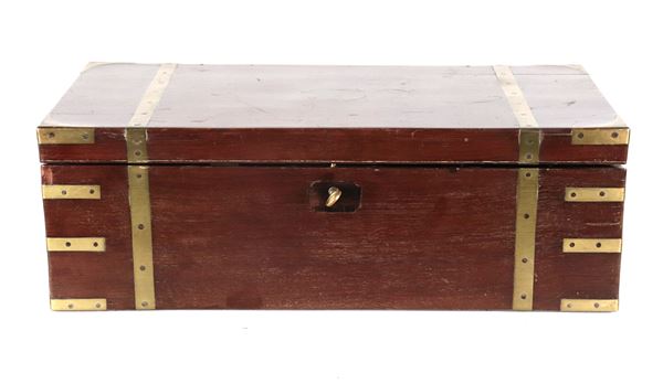 Antique English travel writing desk in solid mahogany with gilded metal fittings, green cloth inside