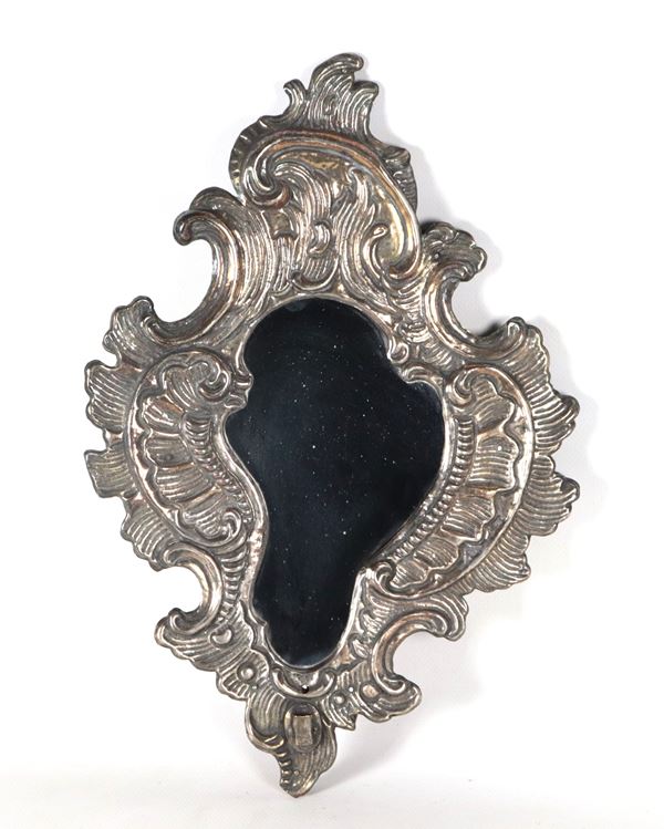 Antique Roman mirror in Louis XV style in silver-plated copper, embossed and chiseled, mercury mirror