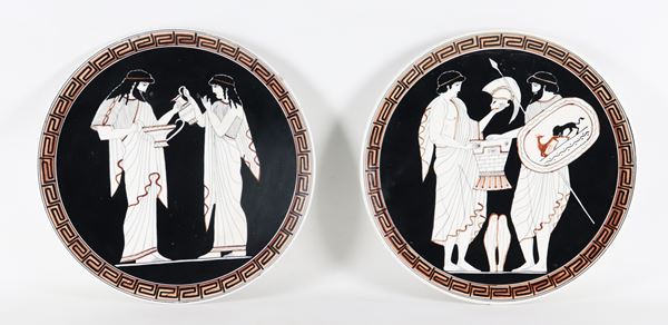 "Dionysus and Demeter" and "Achilles and Neoptolemus", a pair of polychrome porcelain plates