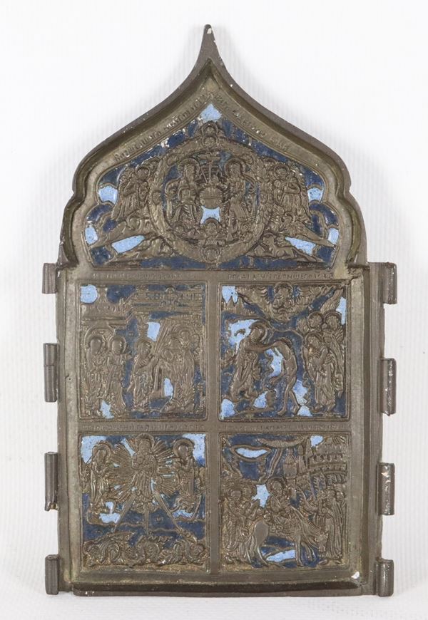 Ancient Russian plaque in embossed and chiseled bronze and small blue enamels, with Orthodox sacred images
