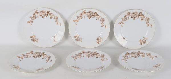 Lot of six Czechoslovakian porcelain dessert plates, with brown floral decorations on a white background