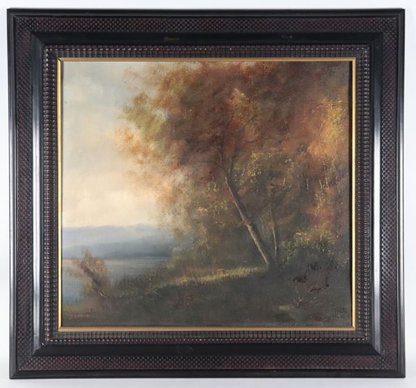 Carlo Casanova - Signed. "Woodland Landscape with Lake"