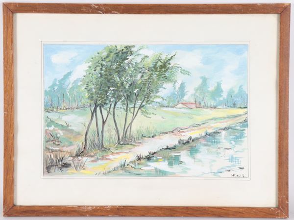 Pittore Italiano Inizio XX Secolo - Signed. "Country landscape with a stream."