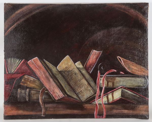 Pittore Italiano Inizio XX Secolo - "Still Life of Ancient Books"