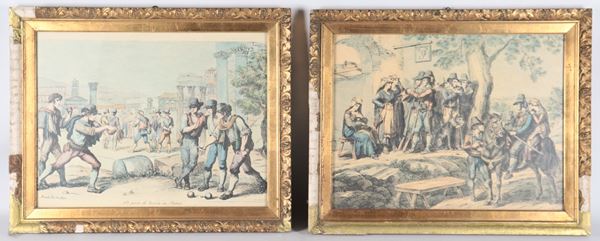 Pair of paper prints with Pinellian subjects from 19th-century Rome