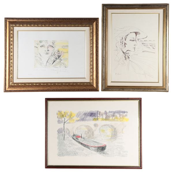 Lot of three lithographs on paper, various subjects and sizes