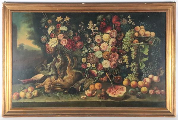 Scuola Napoletana Inizio XX Secolo - "Still Life of Flowers, Fruit, and Game"