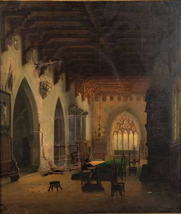 Pittore Inglese XIX Secolo - &quot;Interno di castello gotico con scrittore&quot; - Firmato e datato