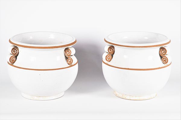 Pair of vase holders in white glazed terracotta
