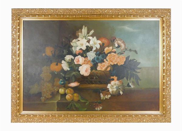 Scuola Italiana Inizio XX Secolo - "Natura morta di fiori e frutta" dipinto ad olio su tela