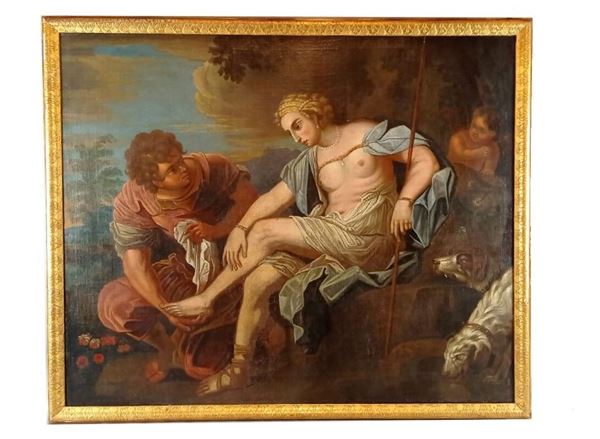 Maestro Italia Centrale Fine XVII - Inizio XVIII Secolo - "Il riposo di Diana cacciatrice" dipinto ad olio su tela 