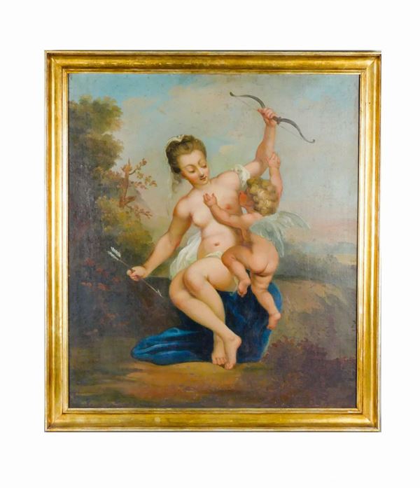 Pittore Francese Fine XVIII Secolo - "Diana and Cupid" oil painting on canvas