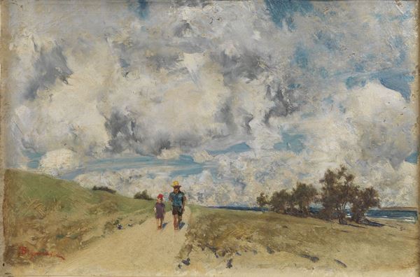 Telemaco Signorini - &quot;View of a beach with a road and figures&quot;. Signed.