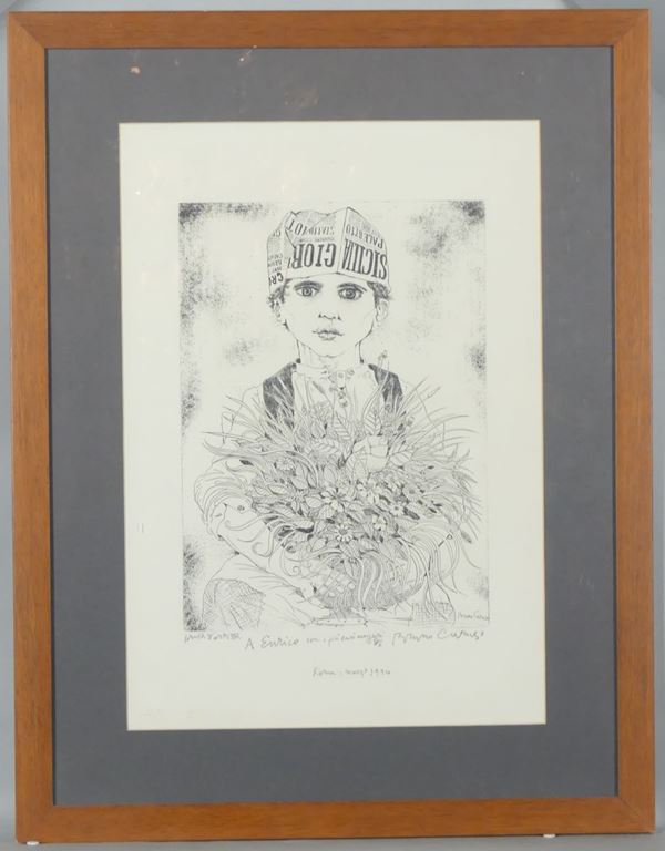 Bruno Caruso - Lithograph on paper &quot;Child with bouquet of flowers&quot;