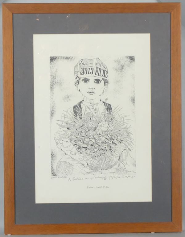 Bruno Caruso - Lithograph on paper &quot;Child with bouquet of flowers&quot;