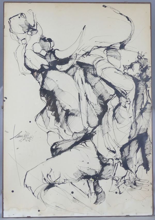 Camillo Catelli - &quot;Bullfighter with bull&quot;. Signed and dated