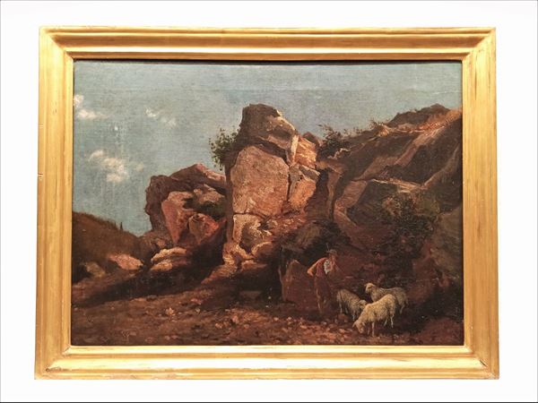 Pittore Italia Centrale Inizio XIX Secolo - &quot;Landscape with shepherd and flock&quot;