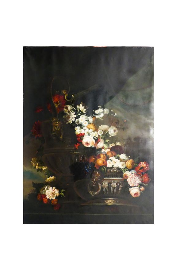 Scuola Italiana Fine XIX - Inizio XX Secolo - &quot;Still life of flowers, fruit and amphorae&quot;