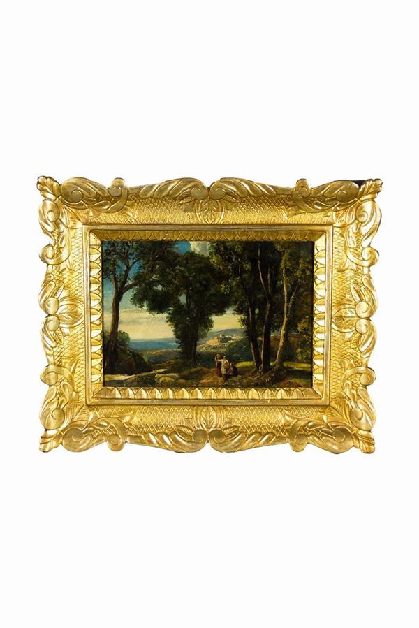 Pittore Romano XIX Secolo - &quot;Paesaggio con bosco e contadini, sullo sfondo il lago di Bracciano con il castello Odescalchi&quot;